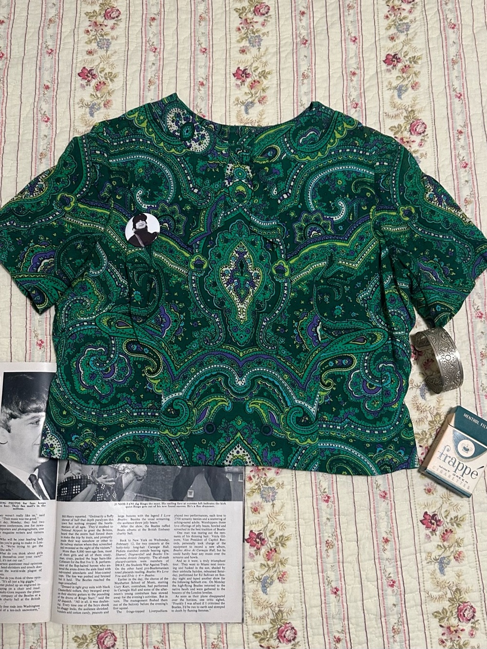Vintage 60s Psychedelic Paisley Crop Top Union Made Lady Mendel Green Mod S S/M